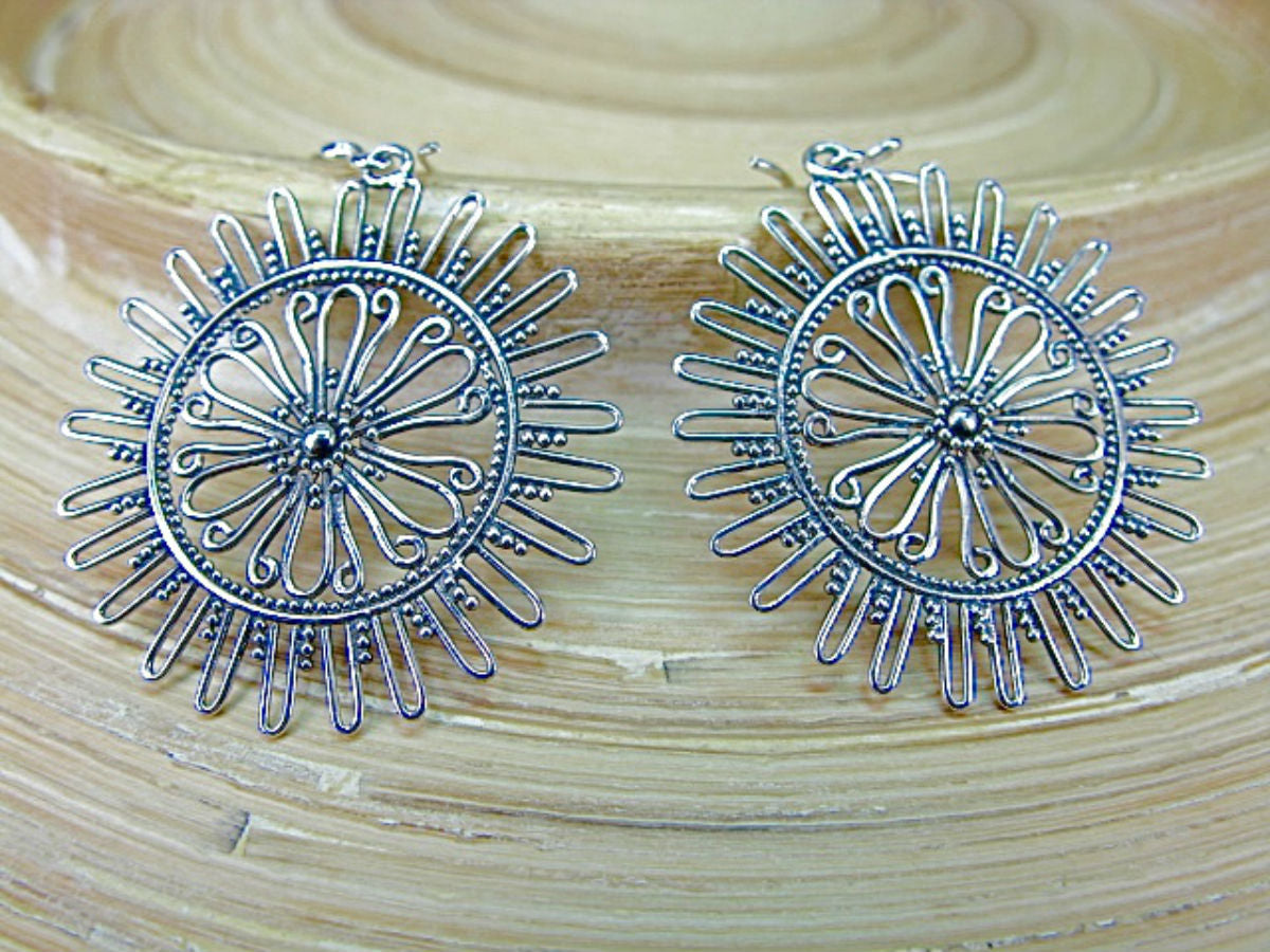 Sun Balinese Bead Filigree Oxidized 925 Sterling Silver Earrings