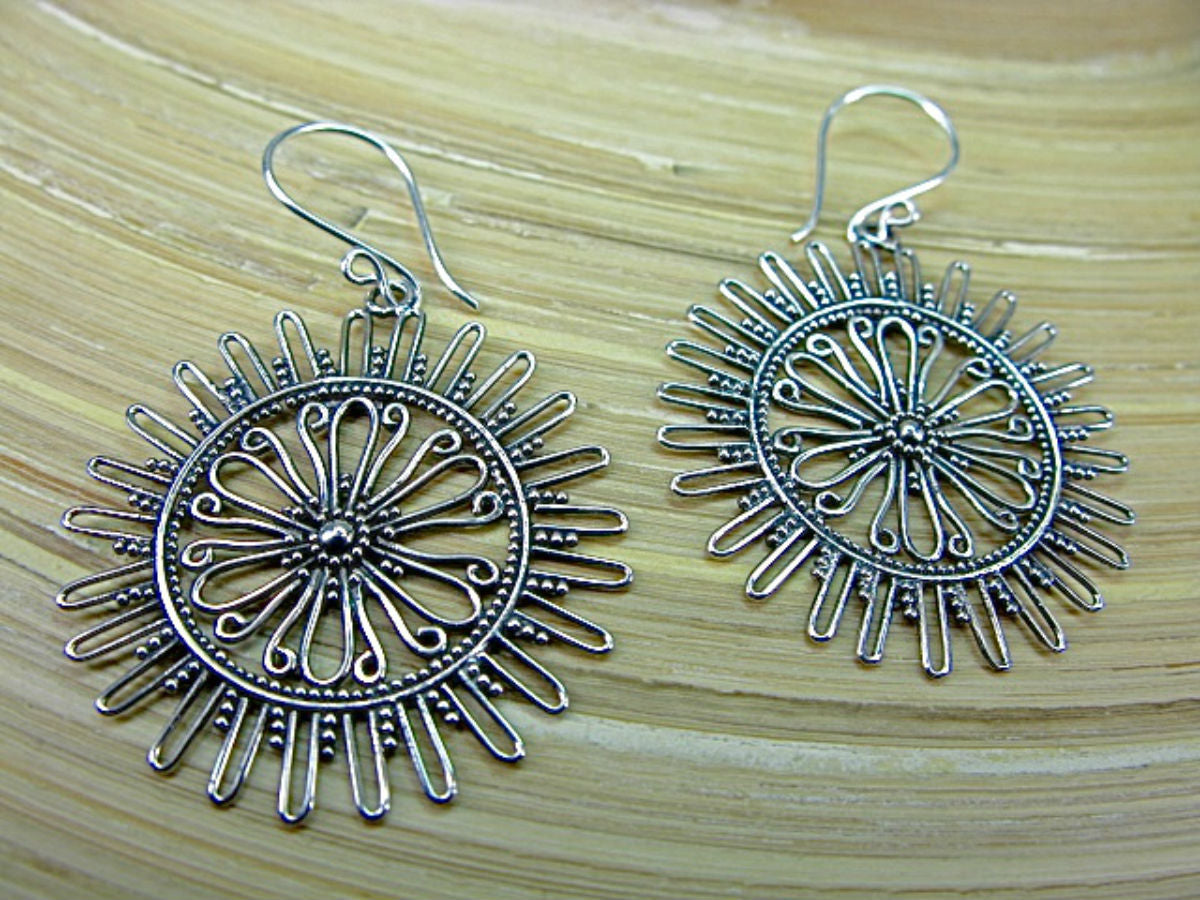 Sun Balinese Bead Filigree Oxidized 925 Sterling Silver Earrings