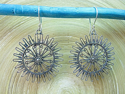 Sun Balinese Bead Filigree Oxidized 925 Sterling Silver Earrings