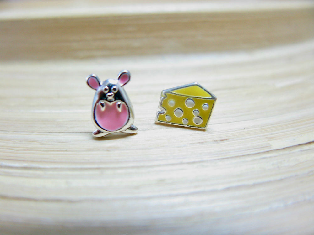 Mouse and Cheese 925 Sterling Silver Stud Earrings