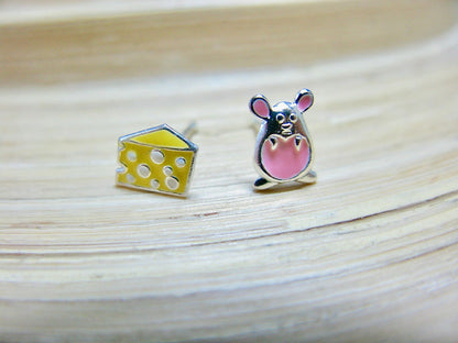 Mouse and Cheese 925 Sterling Silver Stud Earrings