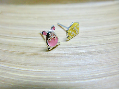 Mouse and Cheese 925 Sterling Silver Stud Earrings