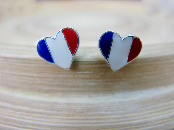 France Flag Heart 925 Sterling Silver Stud Earrings