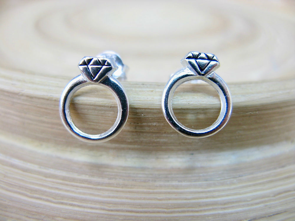 Diamond Ring Shaped 925 Sterling Silver Stud Earrings