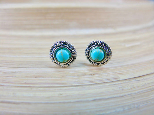 Turquoise 7mm Minimalist Stud Earrings in 925 Sterling Silver