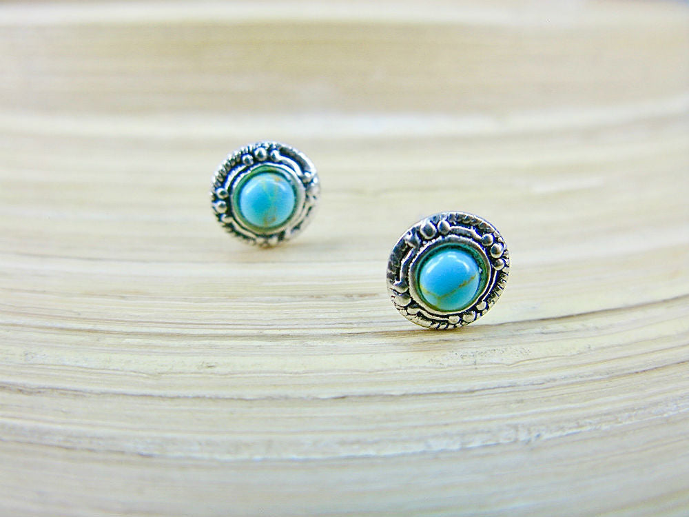 Turquoise 7mm Minimalist Stud Earrings in 925 Sterling Silver
