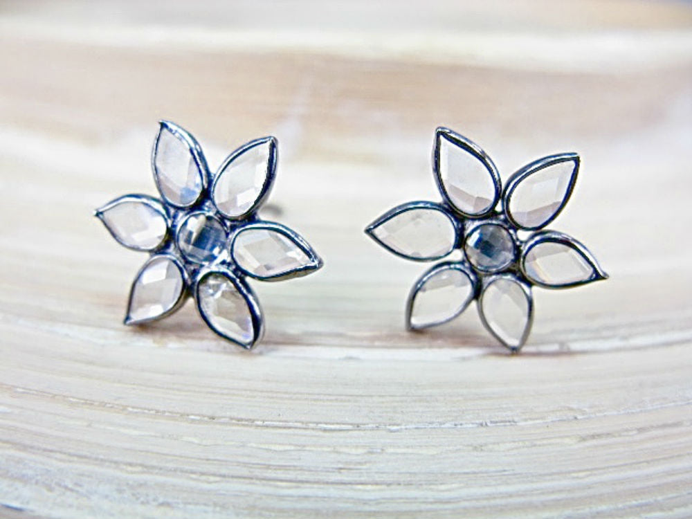 Rock Crystal Flower Oxidized 925 Sterling Silver Stud Earrings