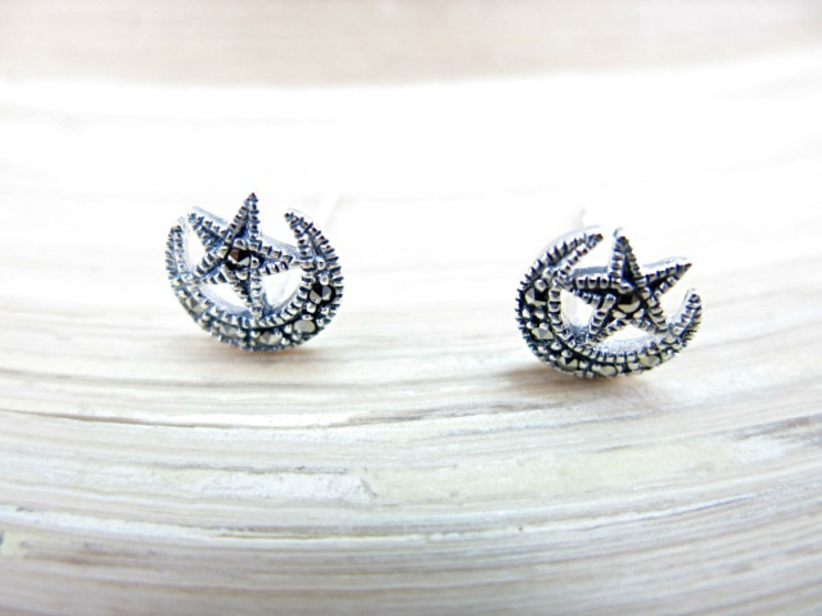 Crescent Moon Star Marcastier Earrings Stud in 925 Sterling Silver