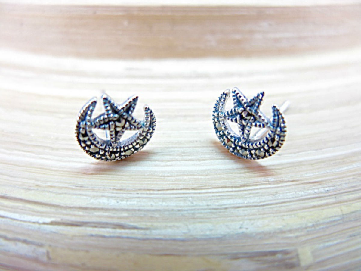 Crescent Moon Star Marcastier Earrings Stud in 925 Sterling Silver
