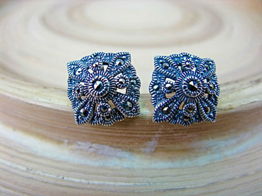 Filigree Marcasite Square Sterling Silver Stud Earrings