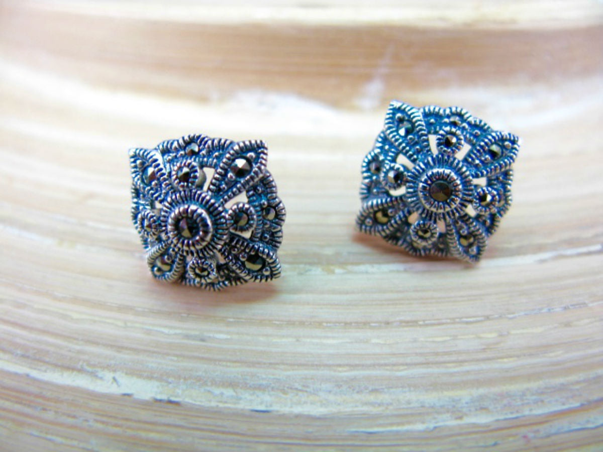 Filigree Marcasite Square Sterling Silver Stud Earrings