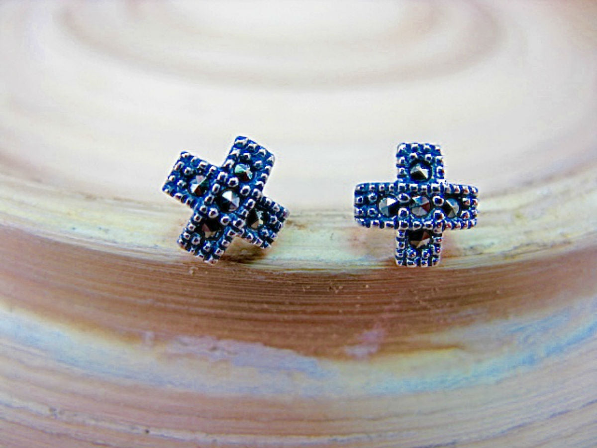 Cross Marcasite Elegant Sterling Silver Stud Earrings