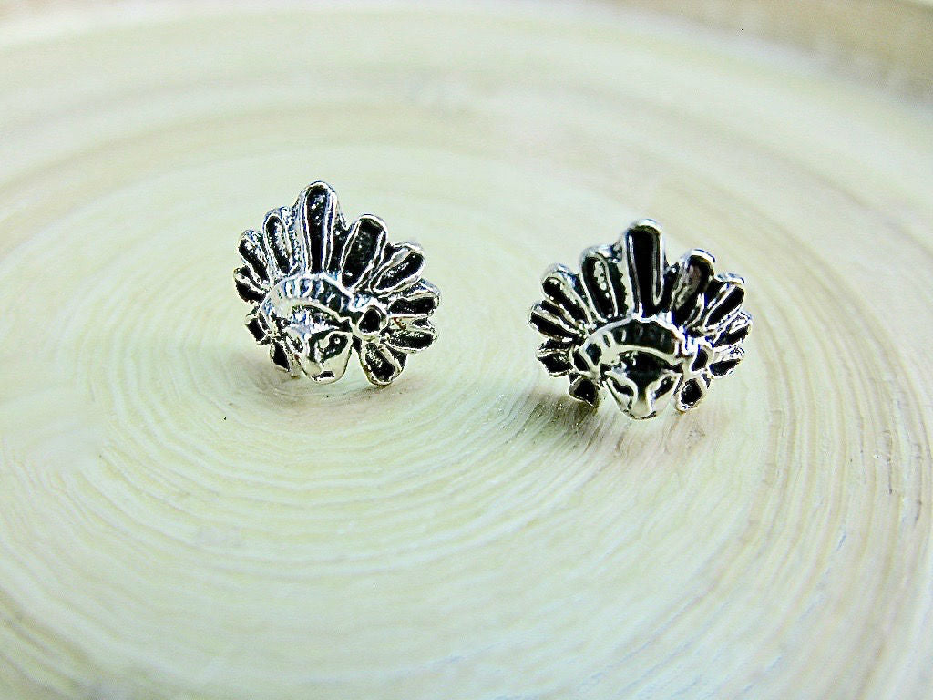 Native American Indian Chief 925 Sterling Silver Stud Earrings