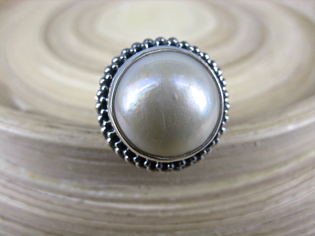 Large Mother of Pearl Balinese Bead 925 Sterling Silver Ring