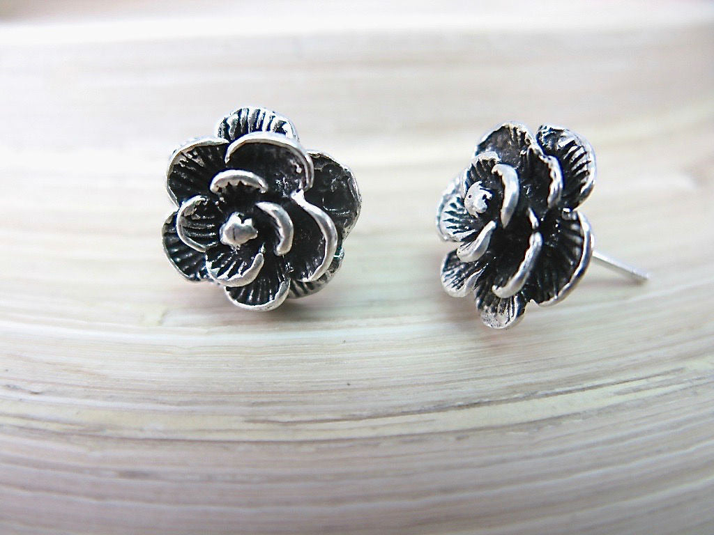 Rose Flower Oxidized 925 Sterling Silver Stud Earrings