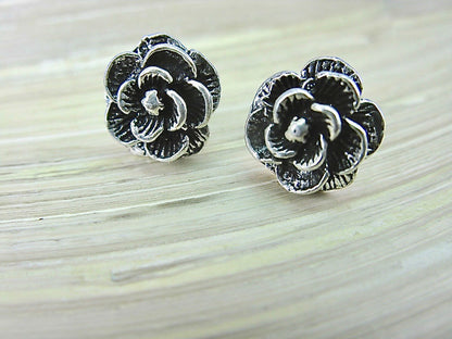 Rose Flower Oxidized 925 Sterling Silver Stud Earrings