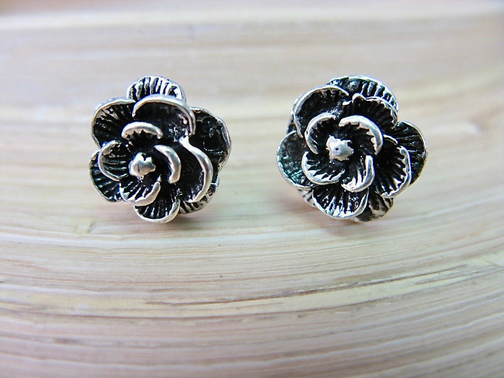 Rose Flower Oxidized 925 Sterling Silver Stud Earrings