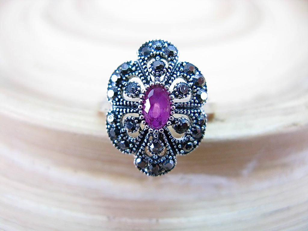 Marcasite Simulated Ruby Filigree 925 Sterling Silver Ring