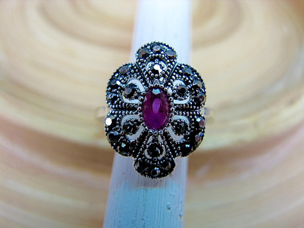 Marcasite Simulated Ruby Filigree 925 Sterling Silver Ring