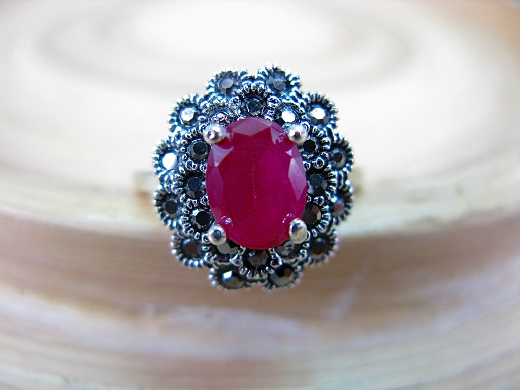 Marcasite Simulated Ruby 925 Sterling Silver Ring