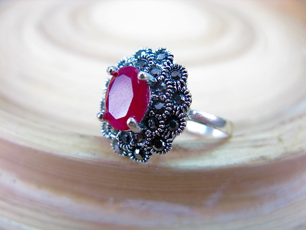Marcasite Simulated Ruby 925 Sterling Silver Ring