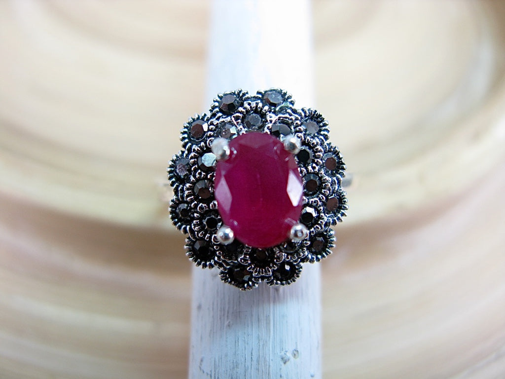 Marcasite Simulated Ruby 925 Sterling Silver Ring