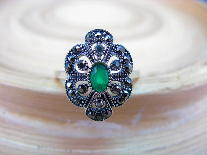 Marcasite Simulated Emerald Filigree 925 Sterling Silver Ring