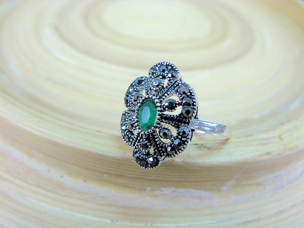 Marcasite Simulated Emerald Filigree 925 Sterling Silver Ring