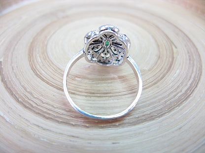 Marcasite Simulated Emerald Filigree 925 Sterling Silver Ring