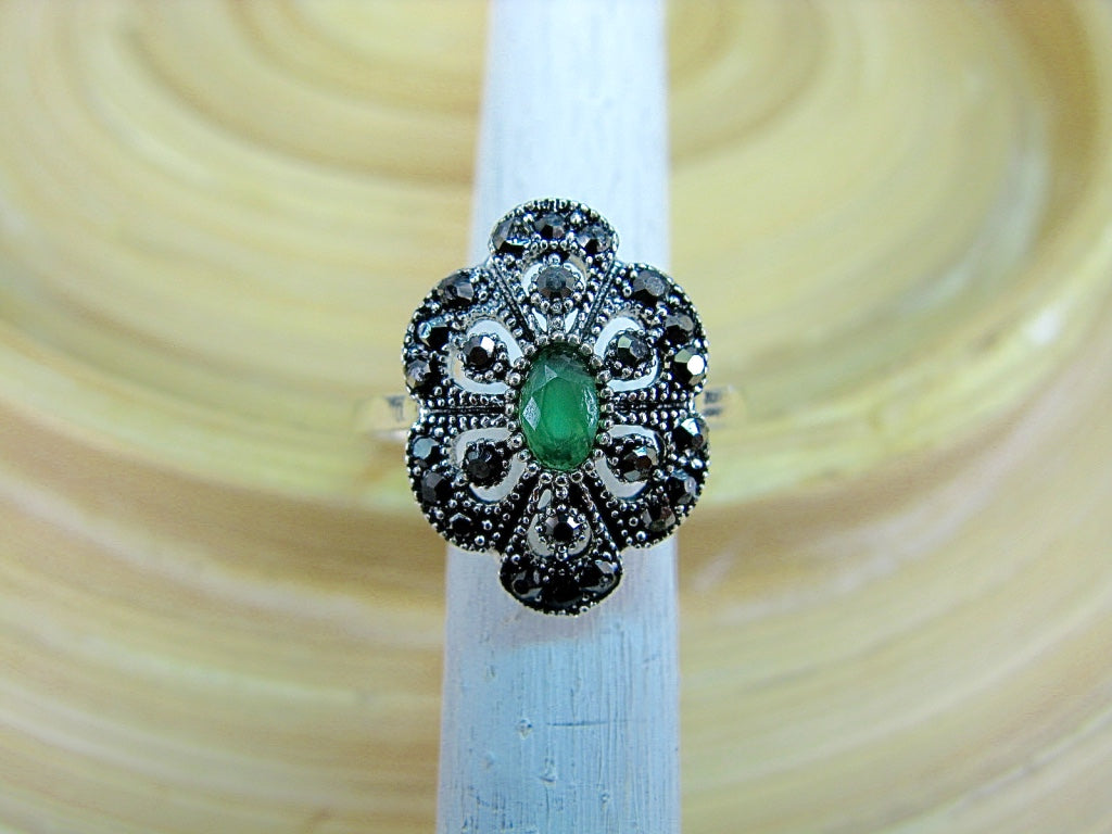 Marcasite Simulated Emerald Filigree 925 Sterling Silver Ring