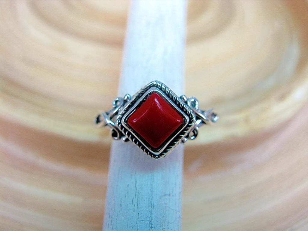 Square Coral Ring in 925 Sterling Silver