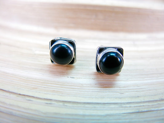 Onyx 6mm Square Minimalist Stud Earrings in 925 Sterling Silver