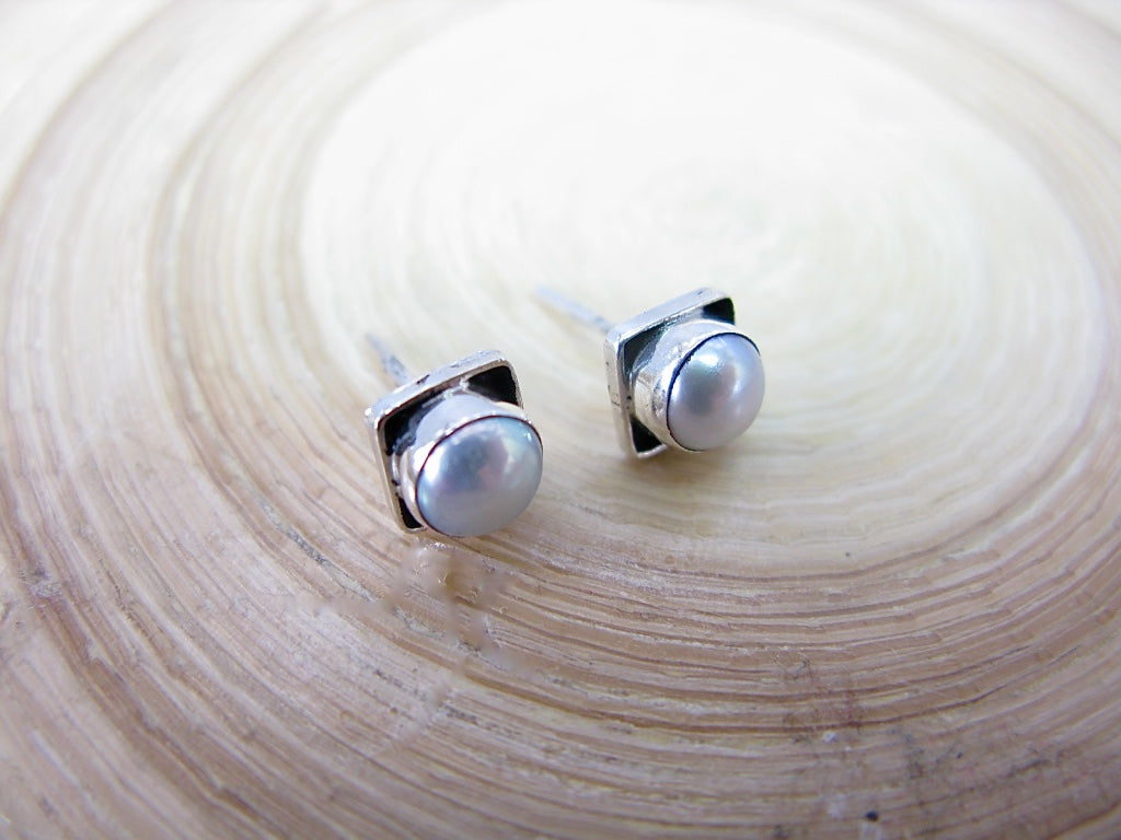 Pearl 6mm Square Minimalist Stud Earrings in 925 Sterling Silver