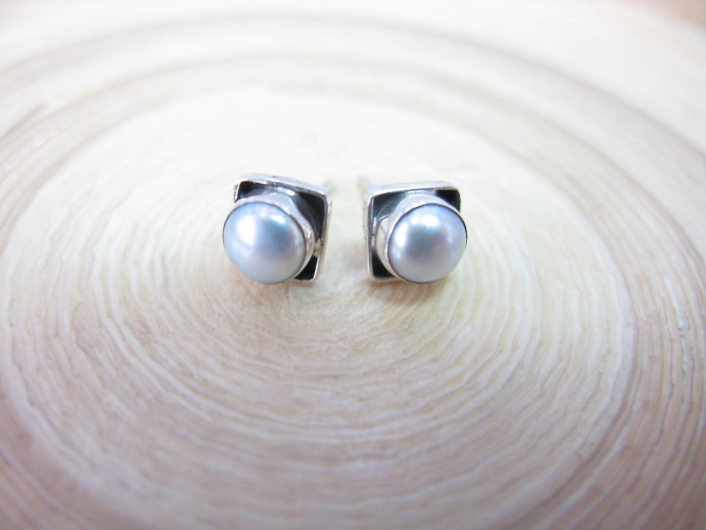 Pearl 6mm Square Minimalist Stud Earrings in 925 Sterling Silver