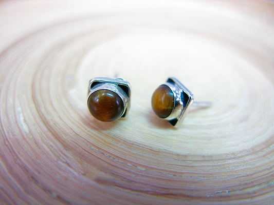Tiger Eye 6mm Square Minimalist Stud Earrings in 925 Sterling Silver