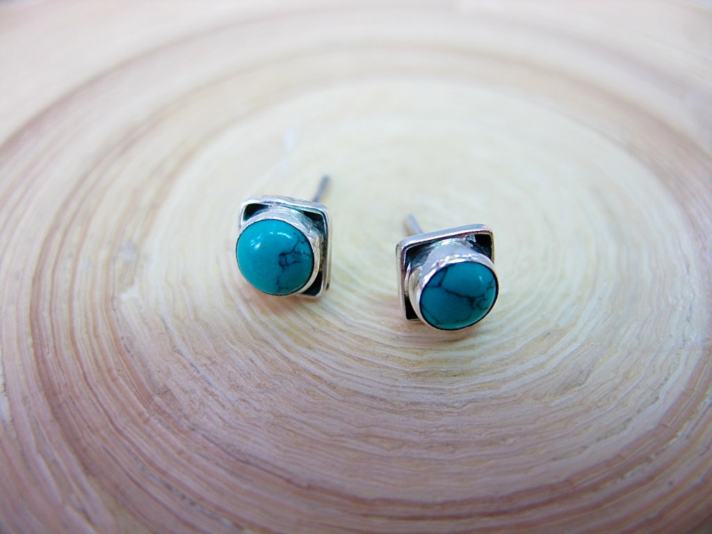 Turquoise 6mm Square Minimalist Stud Earrings in 925 Sterling Silver
