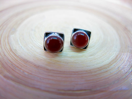 Carnelian 6mm Square Minimalist Stud Earrings in 925 Sterling Silver