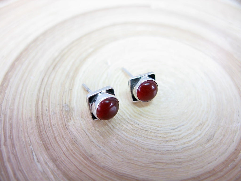 Carnelian 6mm Square Minimalist Stud Earrings in 925 Sterling Silver