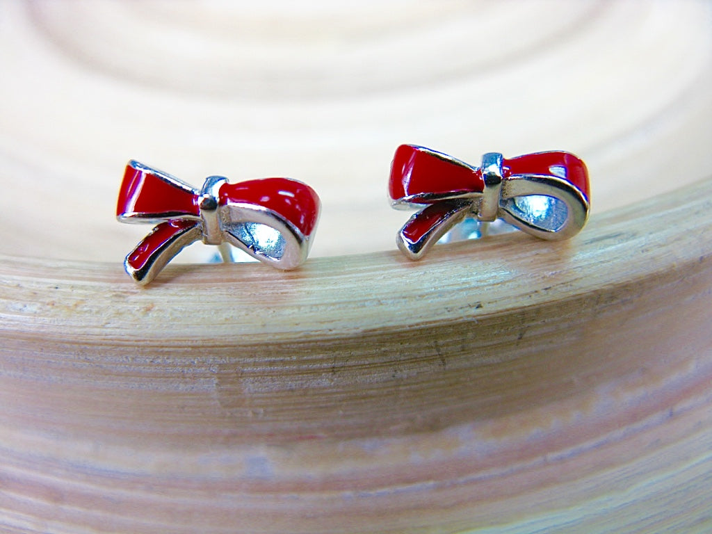 Red Ribbon Bow 925 Sterling Silver Stud Earrings