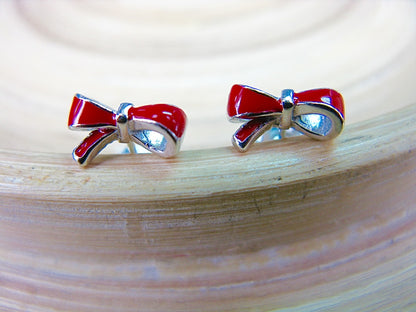Red Ribbon Bow 925 Sterling Silver Stud Earrings