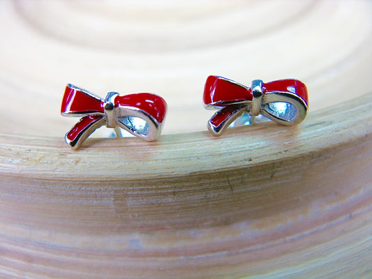 Red Ribbon Bow 925 Sterling Silver Stud Earrings