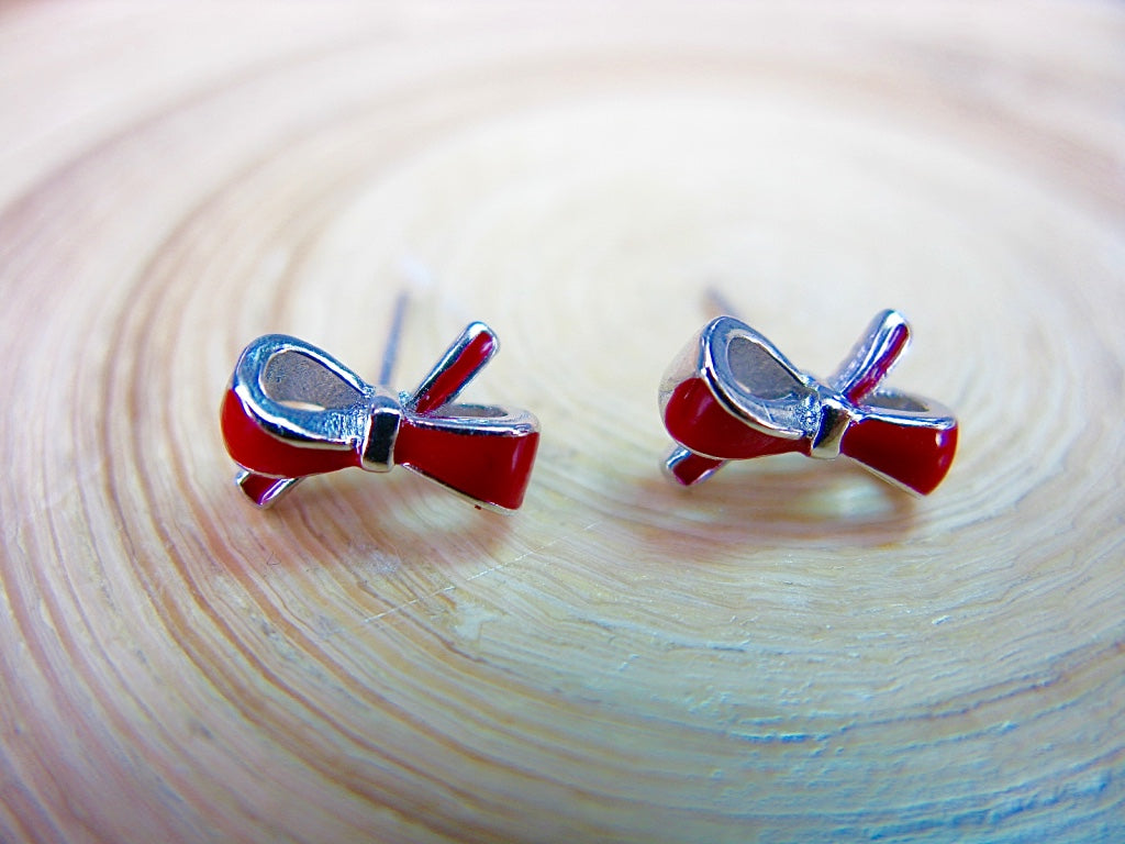 Red Ribbon Bow 925 Sterling Silver Stud Earrings