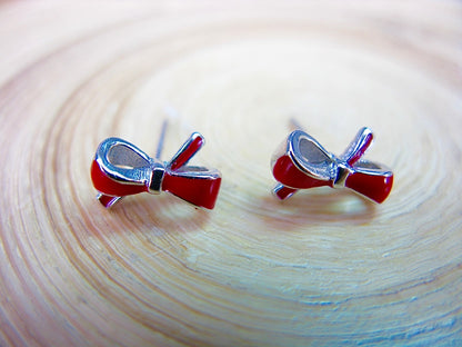 Red Ribbon Bow 925 Sterling Silver Stud Earrings