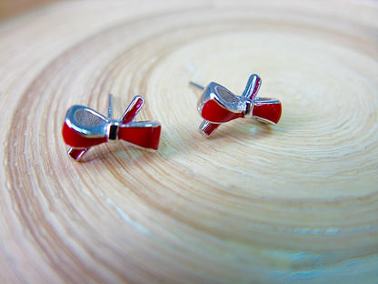 Red Ribbon Bow 925 Sterling Silver Stud Earrings