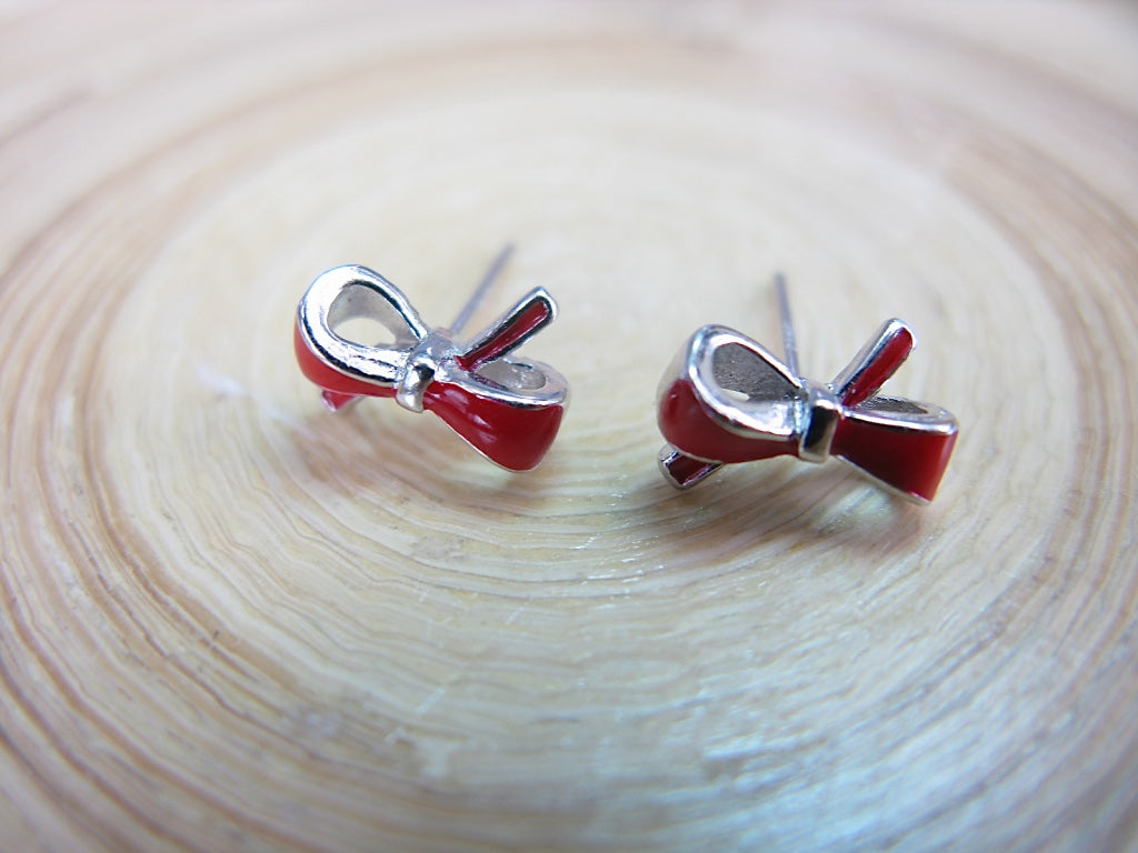 Red Ribbon Bow 925 Sterling Silver Stud Earrings