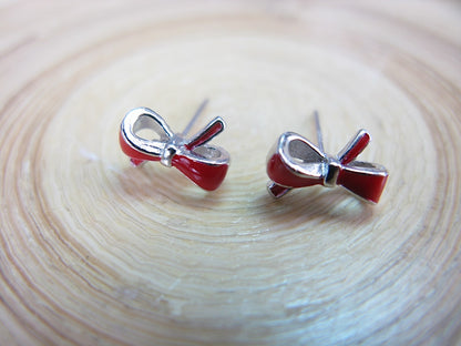 Red Ribbon Bow 925 Sterling Silver Stud Earrings