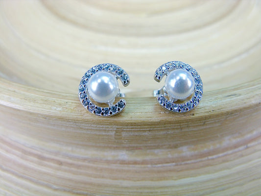 Pearl Crystal Round 925 Sterling Silver Stud Earrings
