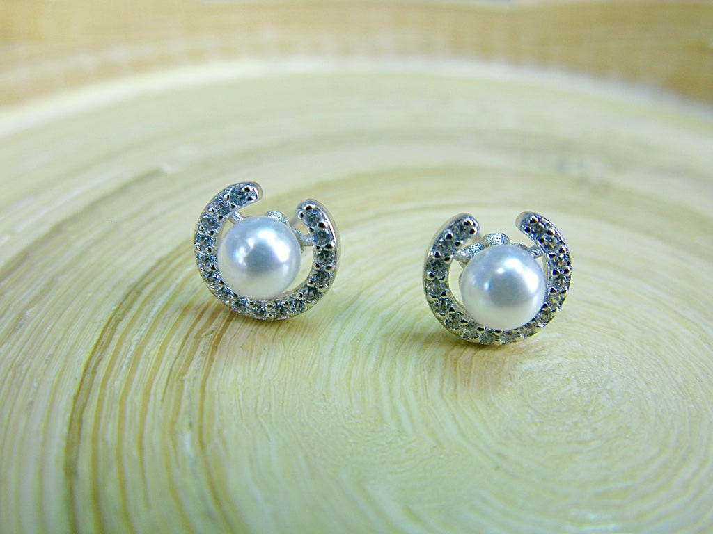 Pearl Crystal Round 925 Sterling Silver Stud Earrings