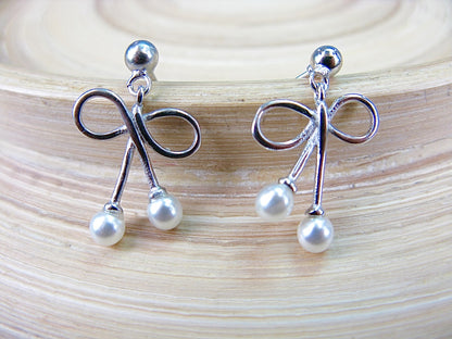 Ribbon Bow Pearl Dangle 925 Sterling Silver Earrings