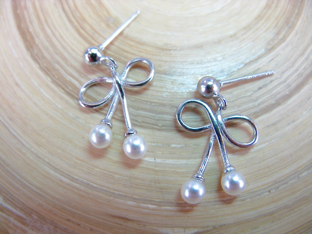 Ribbon Bow Pearl Dangle 925 Sterling Silver Earrings